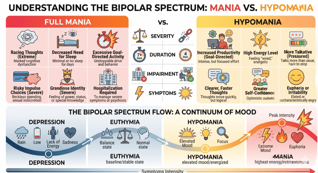 An infographic showing the difference between full mania and hypnomania in bipolar disorder
