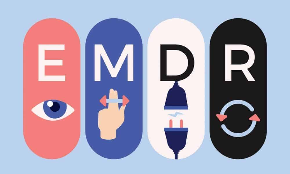 Four colored tabs with the letter EDMR, exploring the myths about the dangers of EMDR therapy.